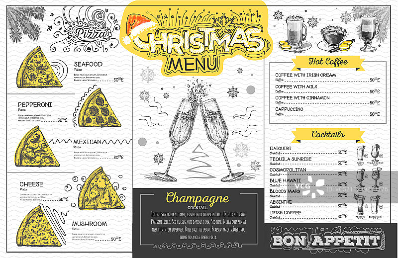 假日圣诞菜单设计与香槟图片素材