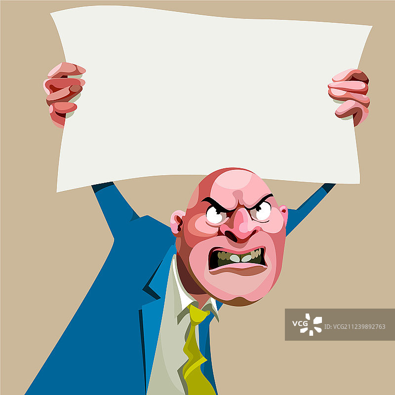 卡通愤怒的西装男子举着空白图片素材