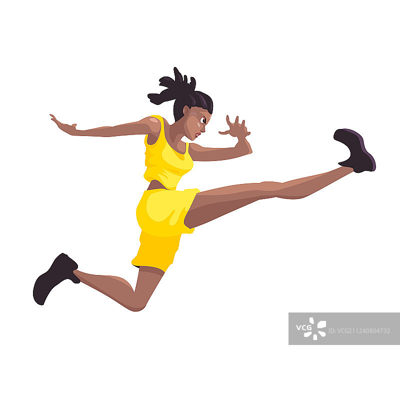 穿着黄色运动服的黑人妇女跳起来图片素材