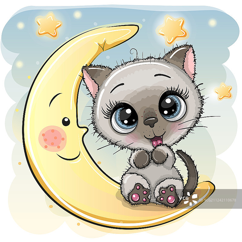 可爱的卡通小猫坐在月亮上图片素材