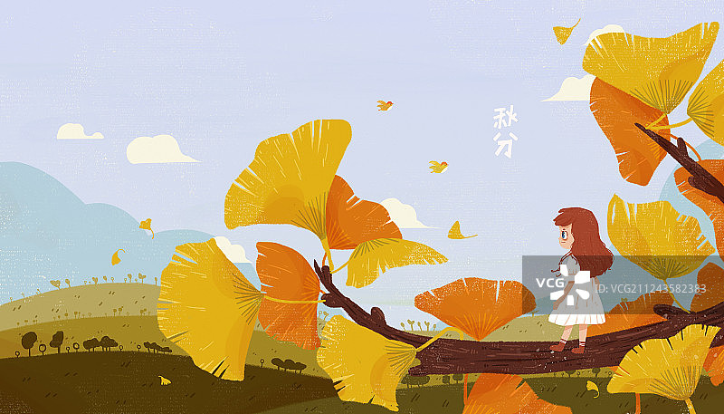 二十四节气秋分插画 银杏树上眺望远方的精灵女孩图片素材
