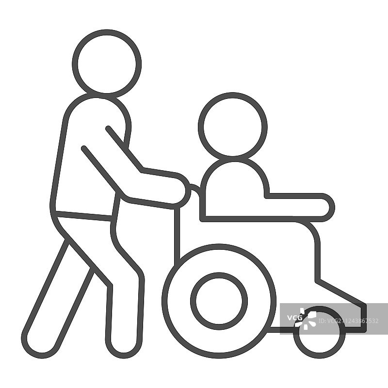 帮助残疾人细线图标的人在轮椅上图片素材