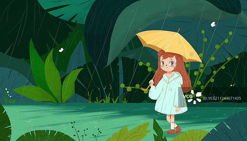 下雨天打伞步行的精灵女孩 绿色植物背景图片素材