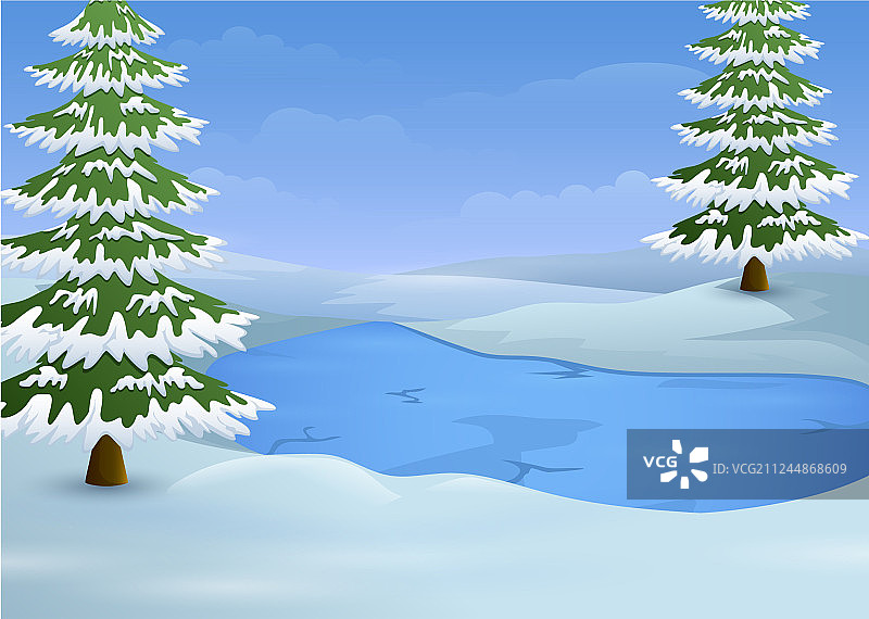 冬天的风景有结冰的湖和冷杉树图片素材