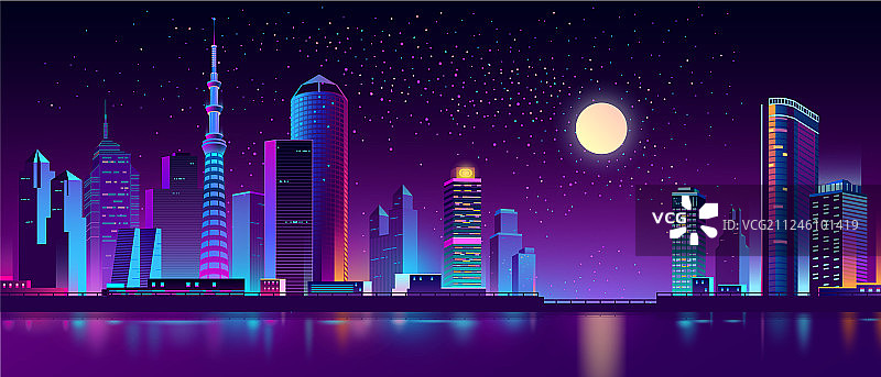 夜间在河上的现代大都市图片素材
