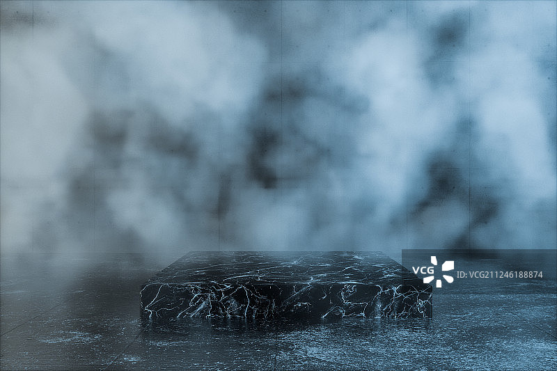 浓雾房间内的大理石平台，三维渲染图片素材