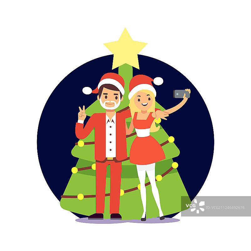 卡通人物夫妇穿着圣诞老人的衣服图片素材