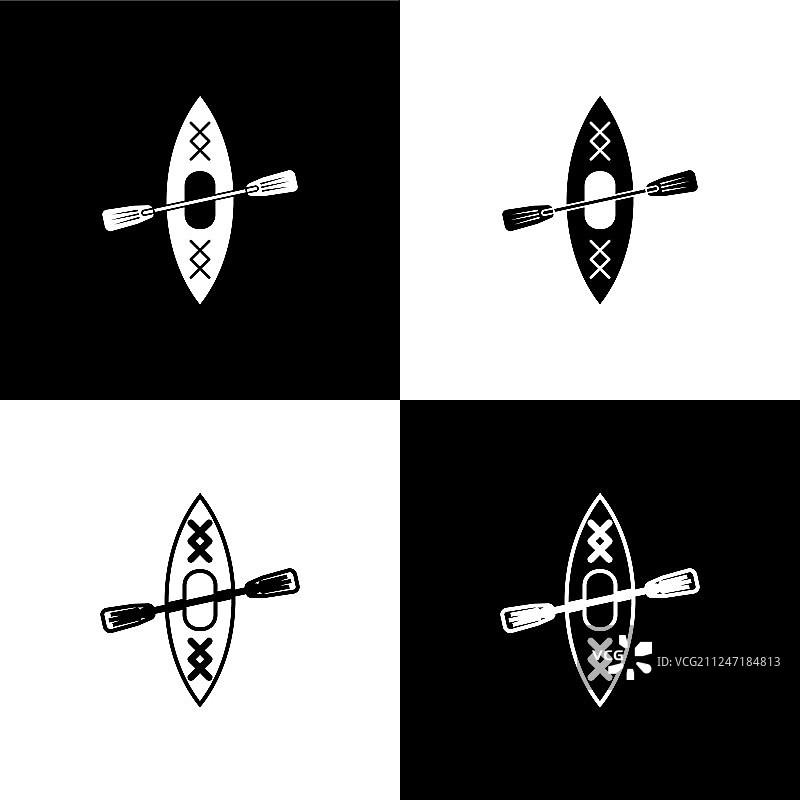设置皮划艇和桨图标隔离在黑色和图片素材