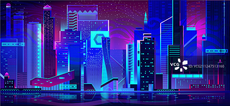霓虹灯下的夜城未来主义建筑图片素材
