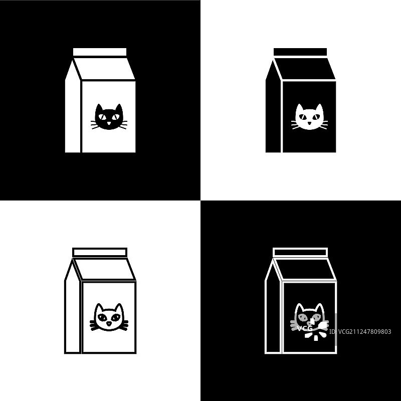 设置袋食物的猫图标孤立在黑色图片素材