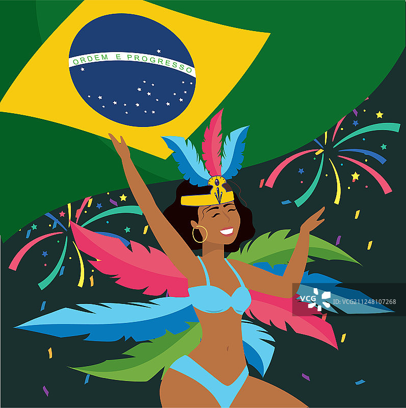 可爱的女孩舞者与巴西国旗和羽毛图片素材