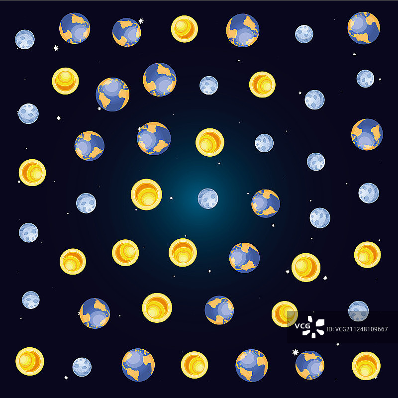 地球行星与月亮和太阳的场景模式图片素材