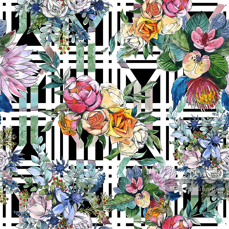 野花，花束，植物花。水彩背景插图集。无缝的背景图案。图片素材