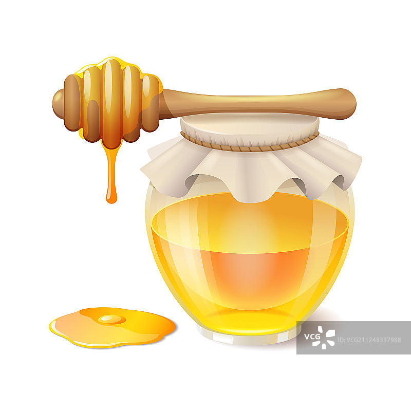 美味的蜂蜜在玻璃罐与蜂蜜勺图片素材