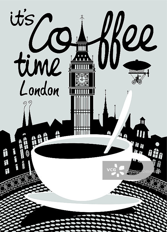 以伦敦景观为背景的咖啡横幅图片素材
