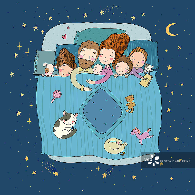 一家人睡在卡通爸爸妈妈的床上图片素材