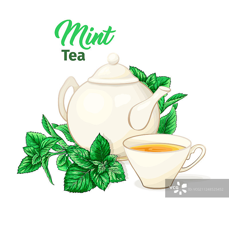 陶瓷茶壶和茶杯，薄荷茶和图片素材