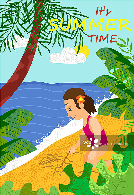 它的夏天女孩画在沙滩上，阳光和船图片素材
