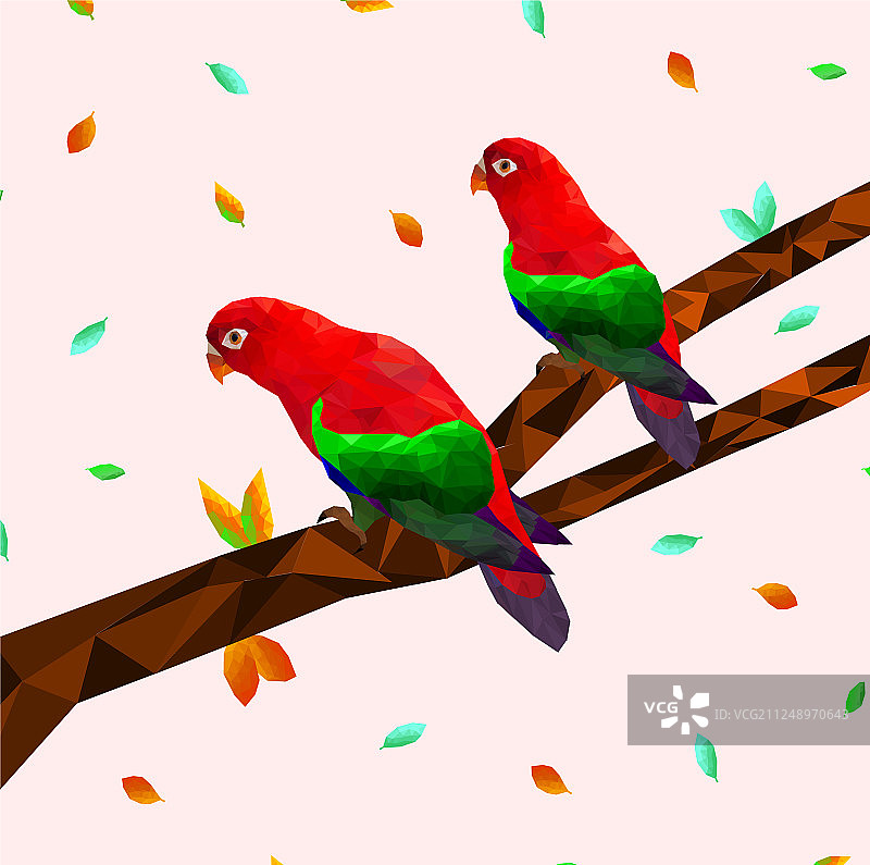 低聚五颜六色的红色鹦鹉鸟与树图片素材