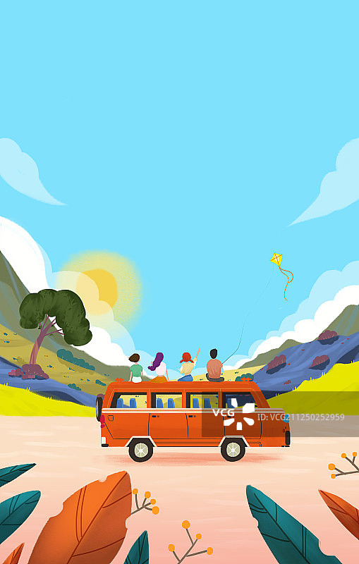 四个人坐在车顶欣赏美景 多彩的郊外风景和朋友自驾游插画图片素材