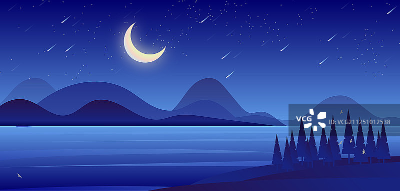 美丽夜晚星空下的原始森林格外宁静，几只小鸟飞过河面扁平插画图片素材