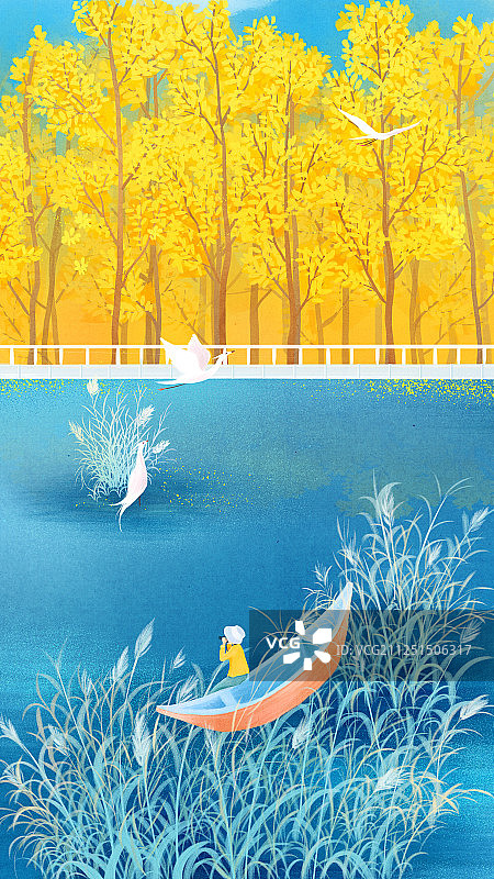 秋天金色的树林与蓝色的湖面上飞舞的白鸟创意手绘插画图片素材