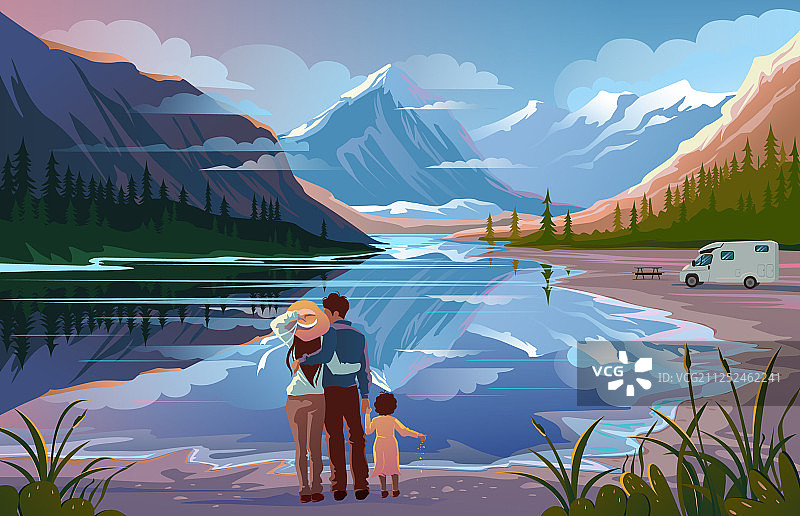 幸福的家庭站在湖边看着远方图片素材