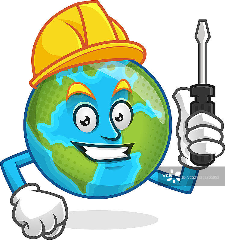 工人地球吉祥物戴着安全帽，手持图片素材
