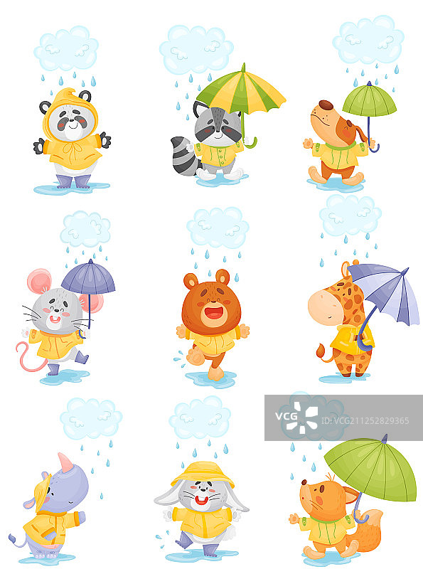可爱的卡通动物在雨中图片素材