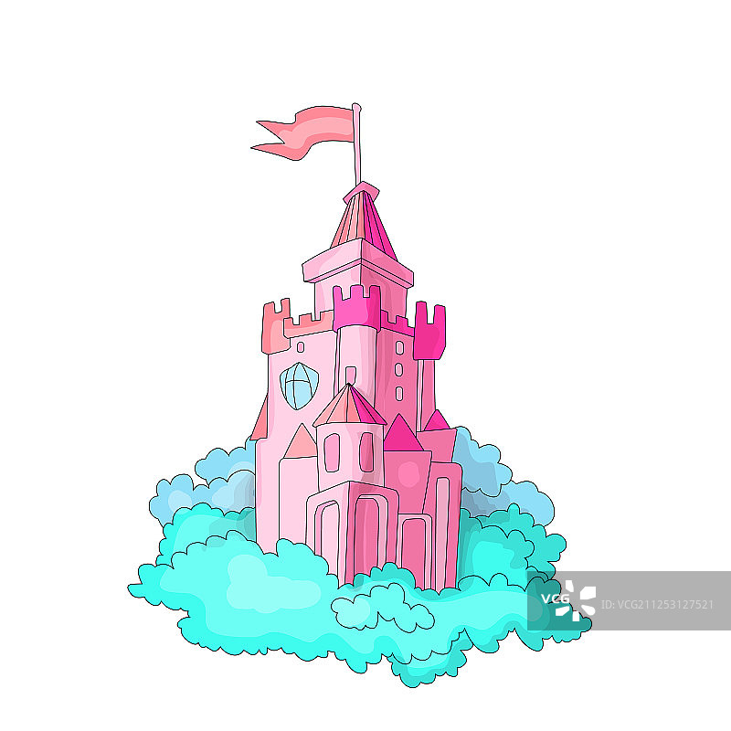卡通中世纪有趣的粉红色城堡与旗帜和图片素材
