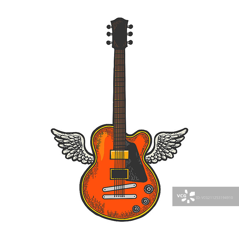 电吉他与翅膀素描雕刻图片素材