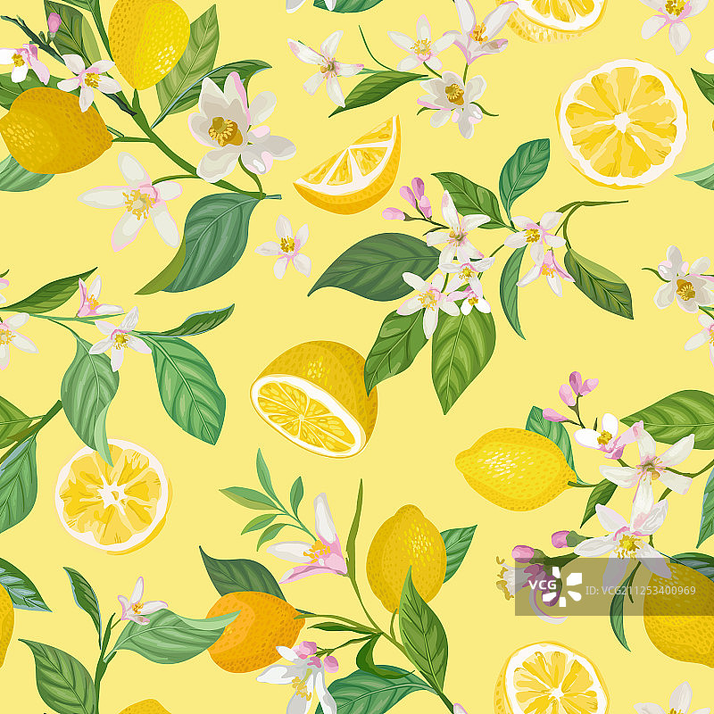 无缝柠檬图案与热带水果叶图片素材