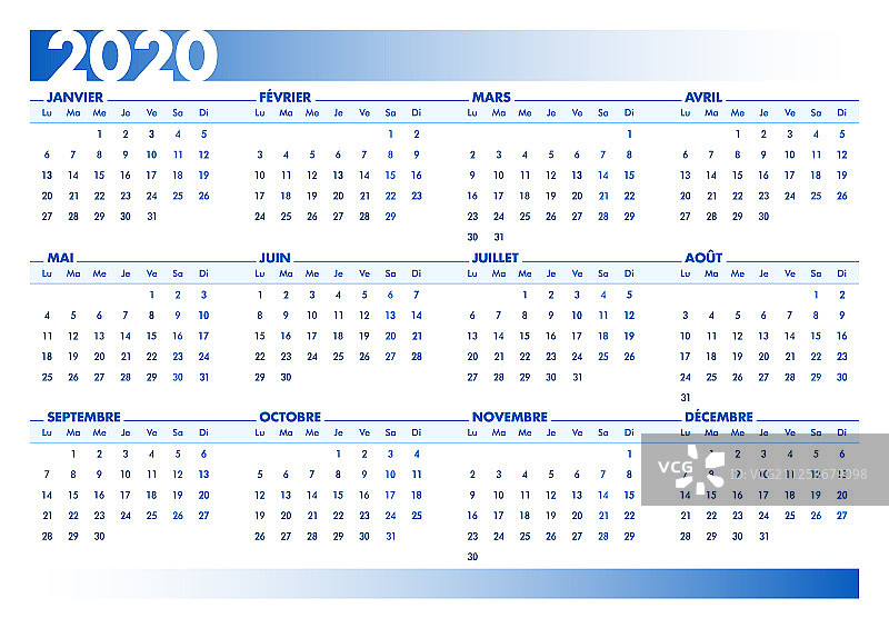 蓝色2020法国日历印刷景观图片素材