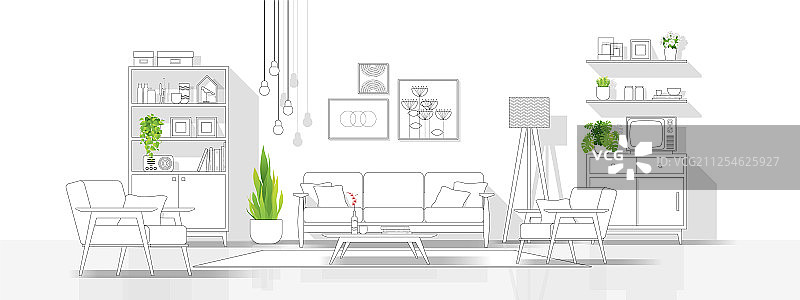 客厅采用黑白线条素描风格图片素材