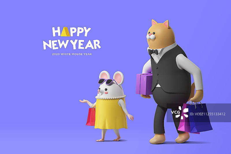 2020年新年快乐，3D逼真人物老鼠007图片素材
