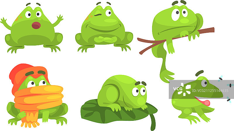 可爱的绿色青蛙卡通人物不同图片素材