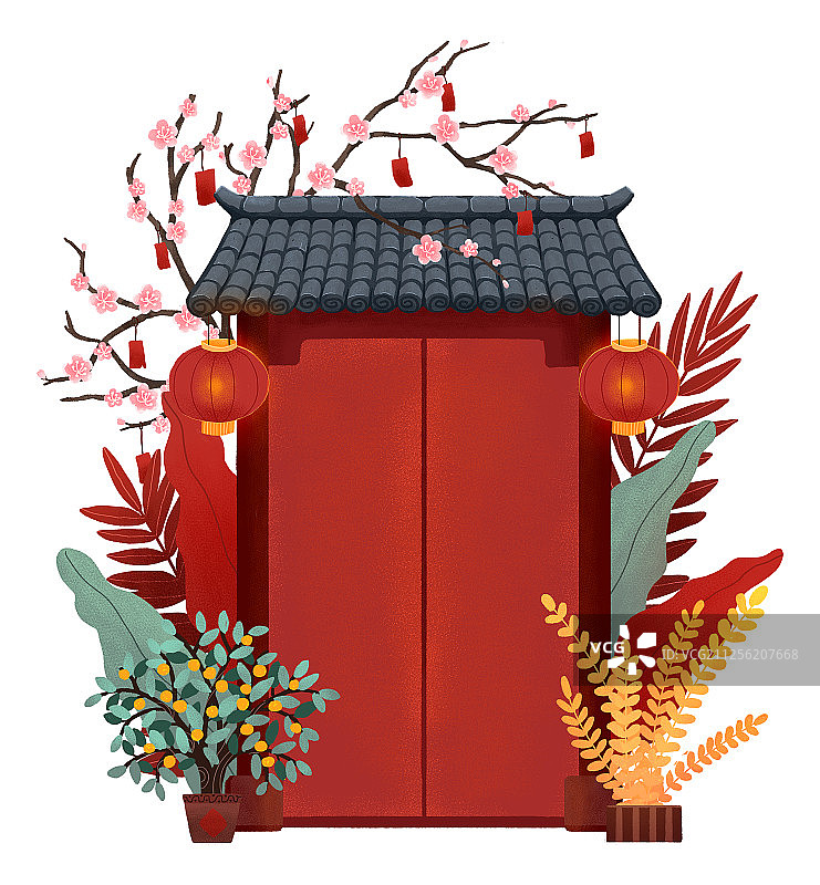 新年挂着灯笼的红色青瓦门头大门与梅花花丛手绘插画