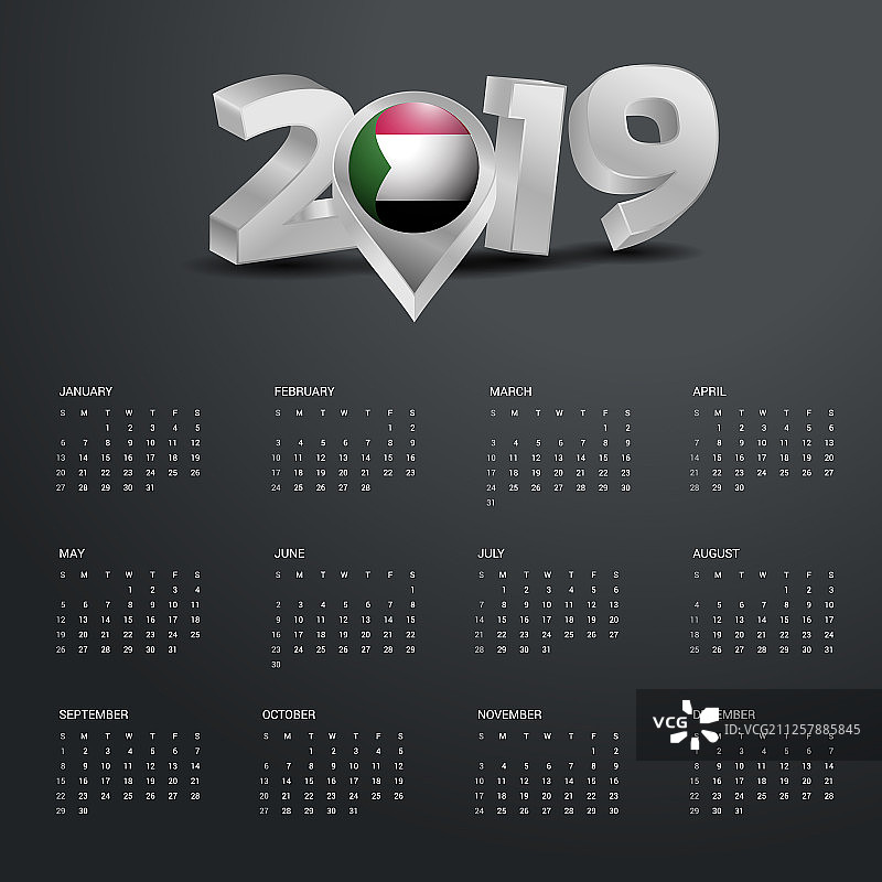 2019年日历模板灰色排版与苏丹图片素材