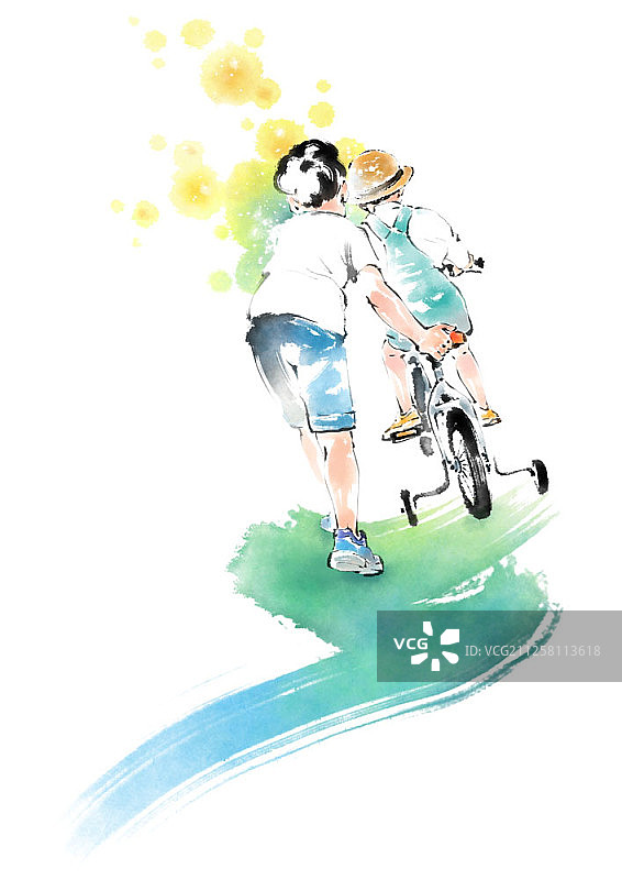 儿童骑自行车的水彩画图片素材