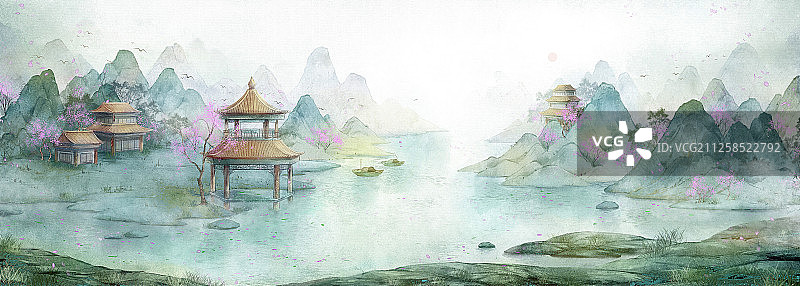 中国风古风建筑风景插画图片素材