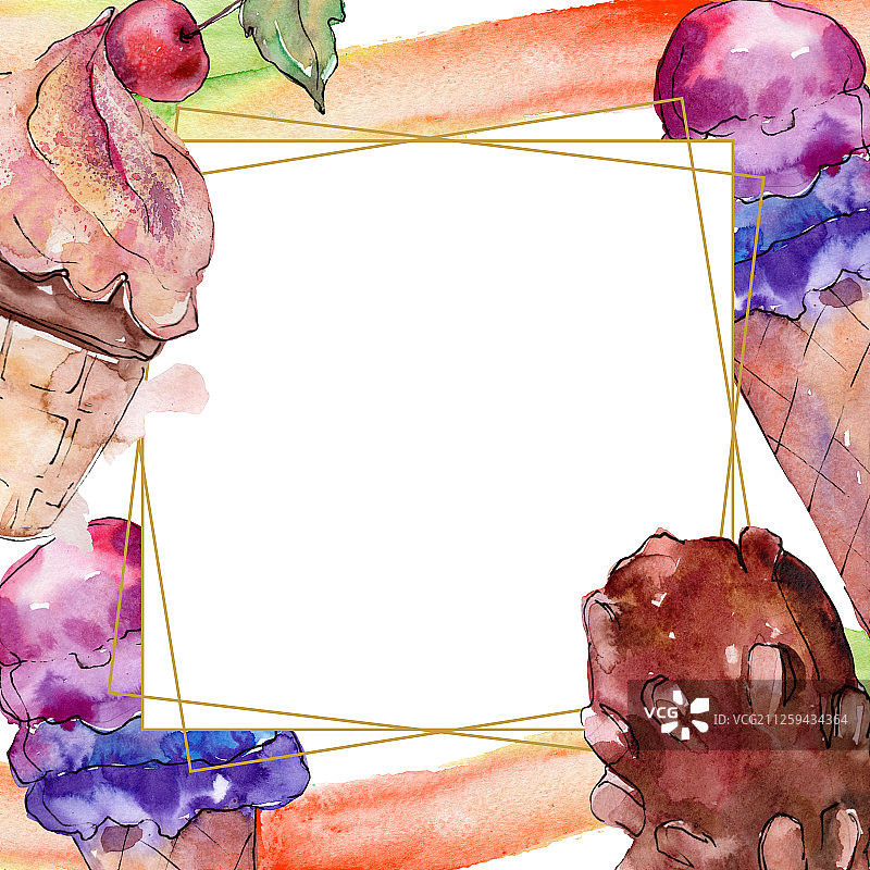 美味的冰淇淋在一个水彩画风格。水彩画甜点背景插图。边框装饰方形。图片素材