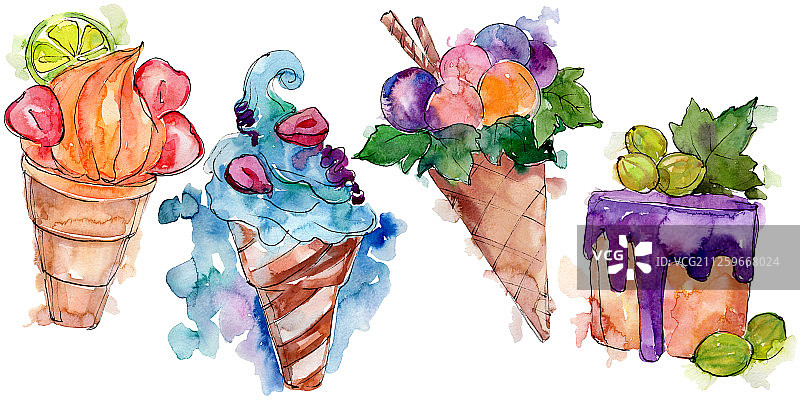 美味的冰淇淋蛋卷和甜点。水彩背景插图集。孤立的甜点插图元素。图片素材