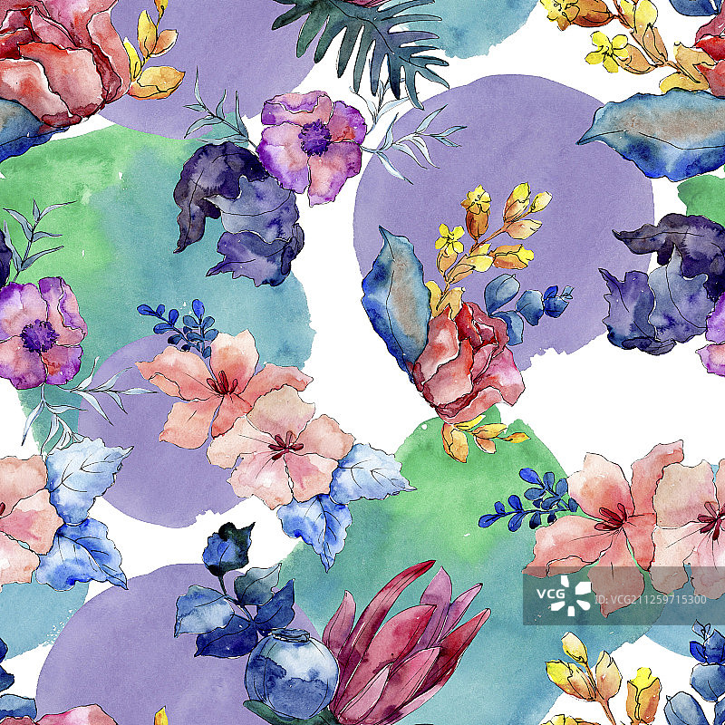花束，植物花。水彩背景插图集。无缝的背景图案。图片素材