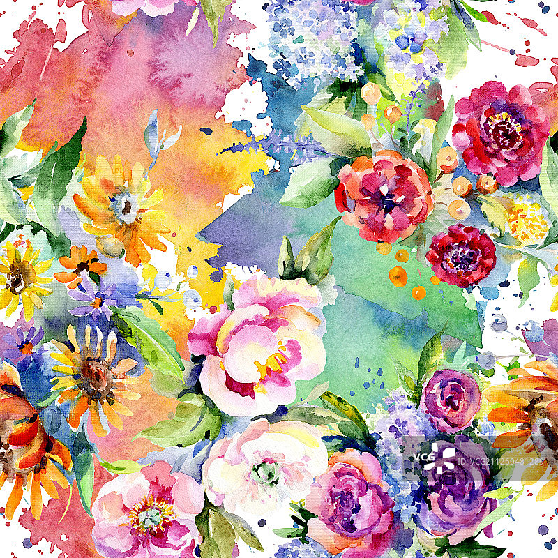花束，植物的花。水彩插图集。无缝的背景图案。图片素材