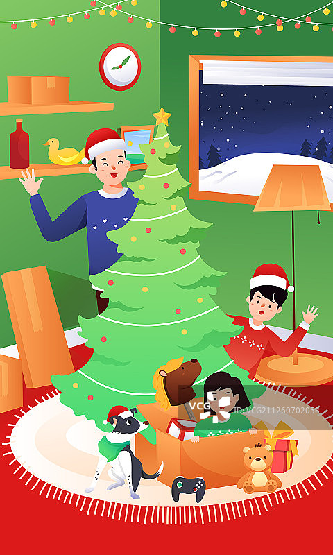 卡通圣诞节家人团聚庆祝活动背景矢量插画图片素材