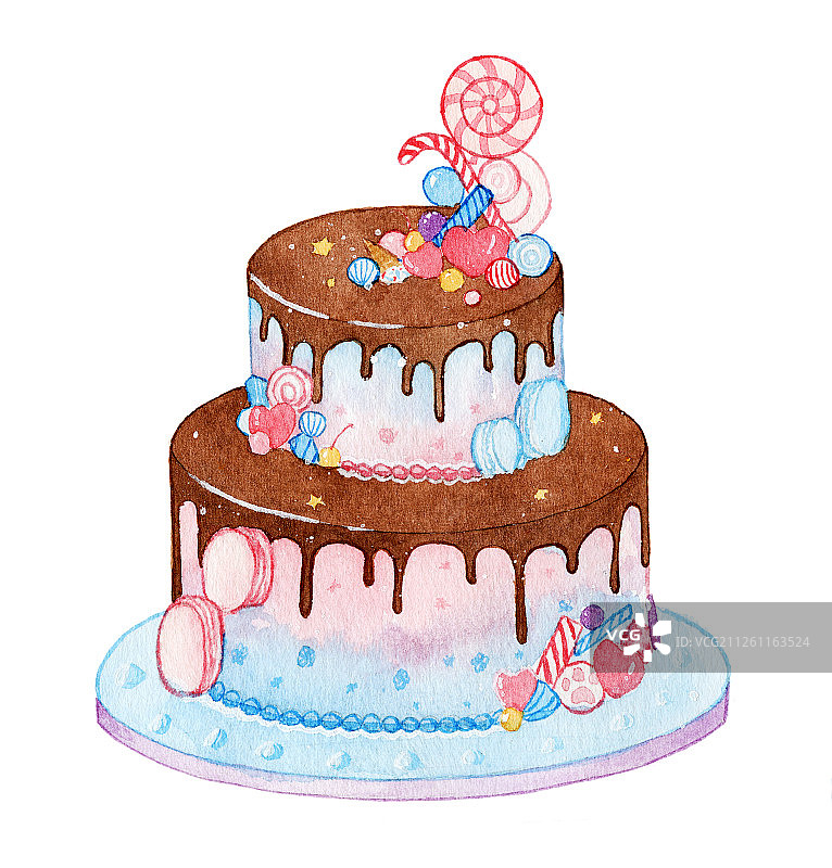 装饰了马卡龙棒棒糖的梦幻粉蓝色双层巧克力蛋糕 水彩手绘插画图片素材