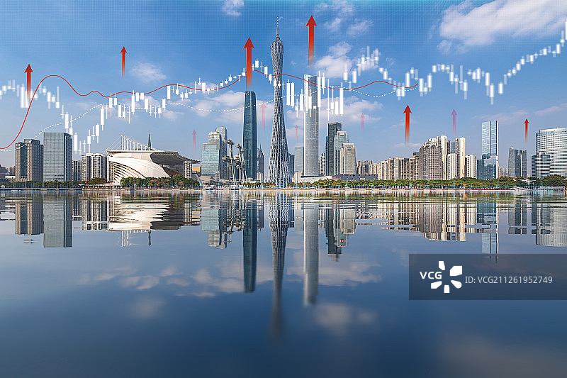 股市上升K线图示金融中心白昼广州市珠江高楼建筑天际线图片素材