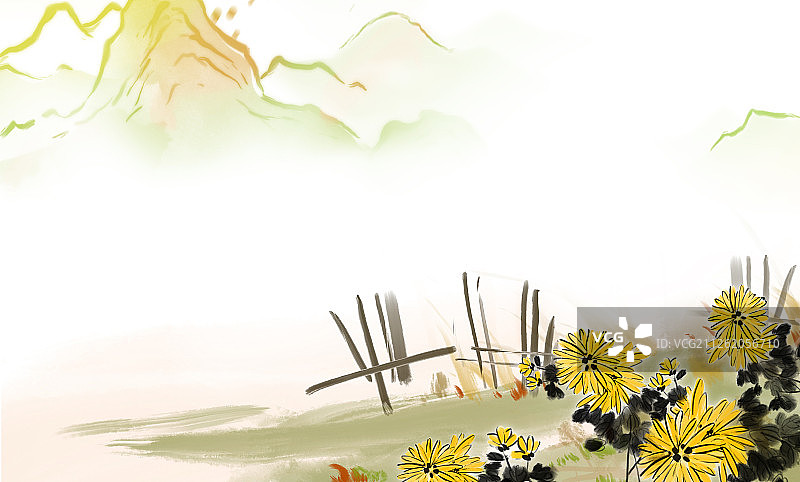 水墨中国画背景壁纸秋季菊花远山图片素材