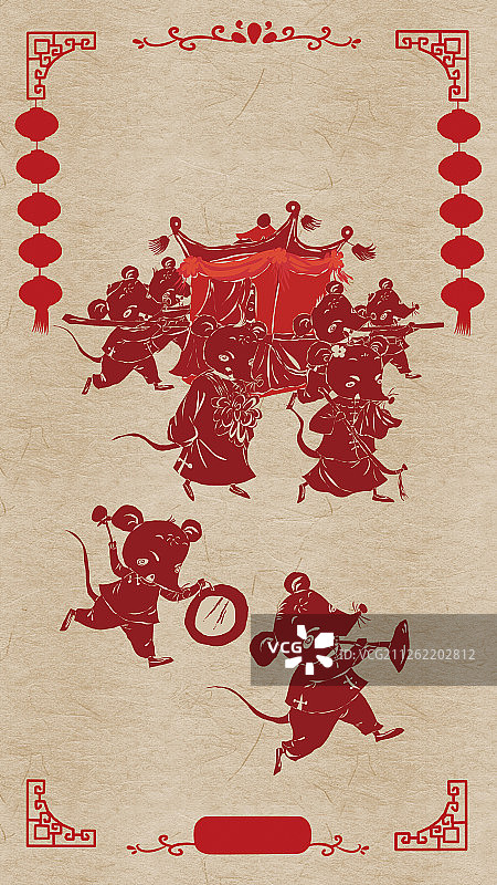中国风剪纸风2020鼠年春节年俗系列-大年初三老鼠嫁女图片素材