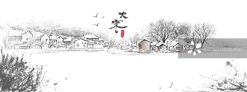 24节气之大寒寒冬白雪国画水墨插画图片素材